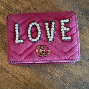Gucci GG Marmont Pink Velvet Love Card Case Wallet *very loved*